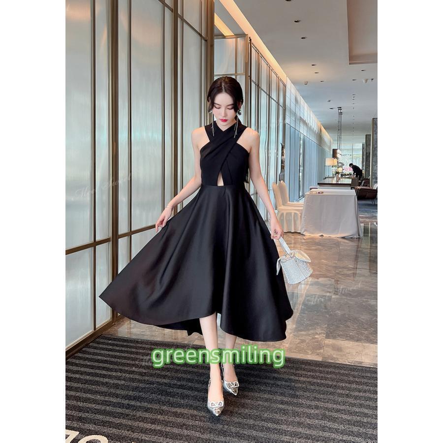 パーティードレス ブラック 黒 クロスネック ドレス フィッシュテール