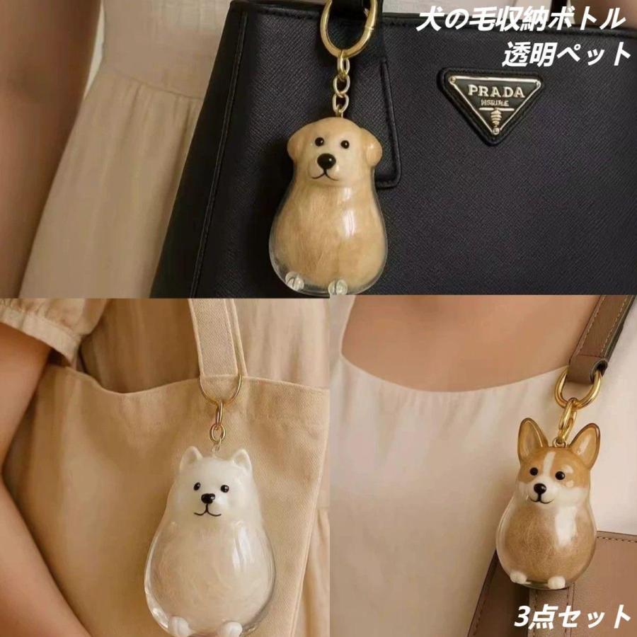 犬型キーホルダー 3点セット ペット 犬の毛収納ボトル 透明ペット 保存 3点セット 遺毛 ケース
