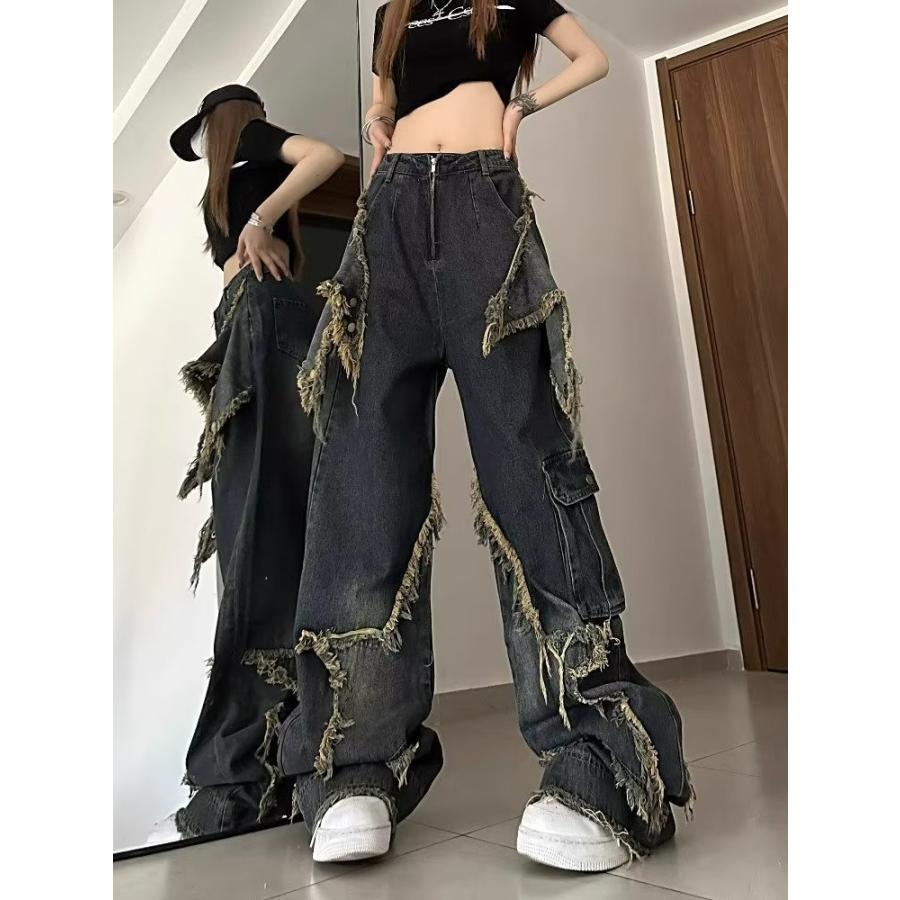 デニムパンツ レディース ワイドデニムパンツ ダメージ加工 フリンジ 