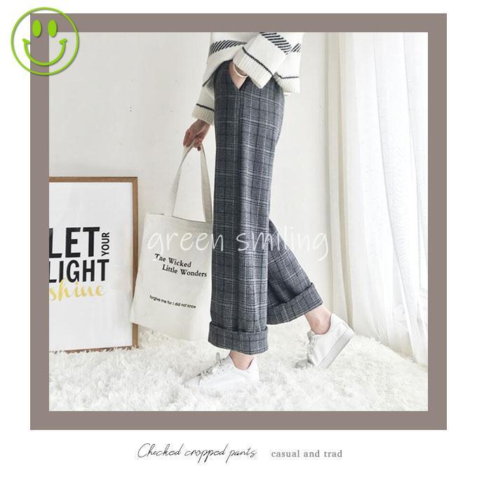 パンツ レディース 秋 チェック クロップド丈 かわいい ワイド