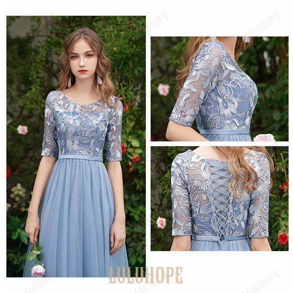ブライズメイド ドレス ロングドレス 演奏会 4タイプ 袖あり 半袖 編み上げタイプ ブルー パーティードレス 結婚式 大人 ピアノ 発表会 | ブランド登録なし | 09