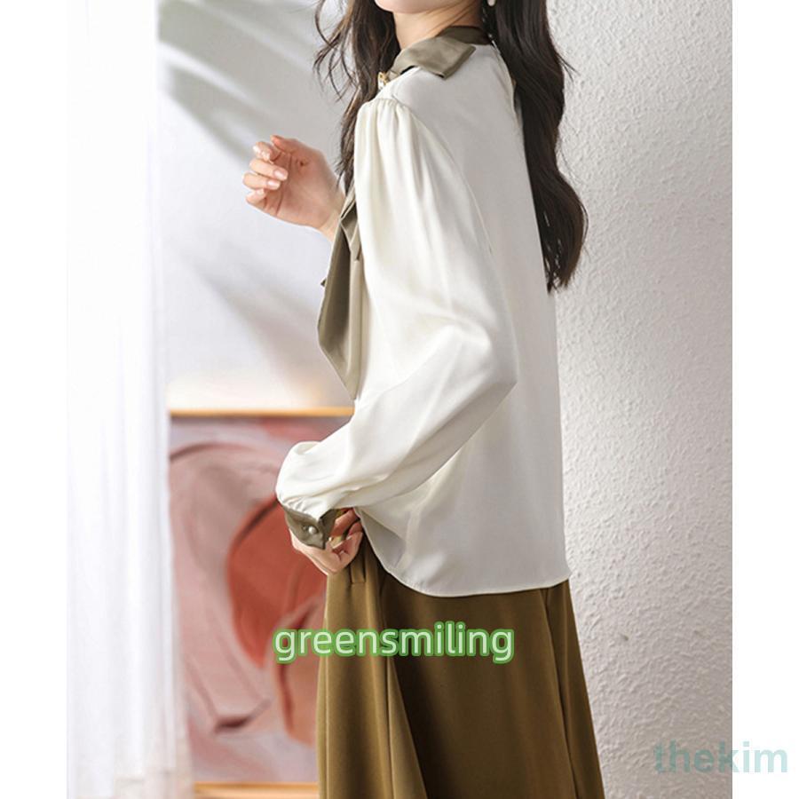 ✨新品✨HYKE ハイク ボウタイブラウス サテン バンドカラー グリーン ボウタイサテンブラウス バイカラーシャツ : Green Smiling - 通販