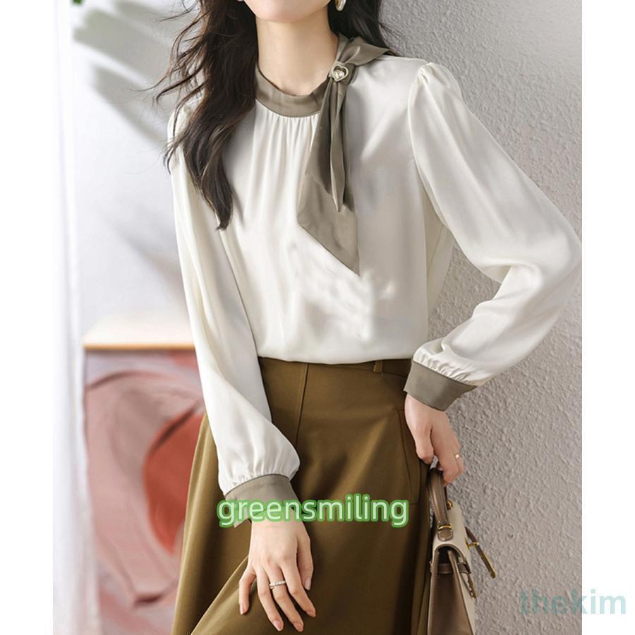 ボウタイサテンブラウス バイカラーシャツ : Green Smiling - 通販