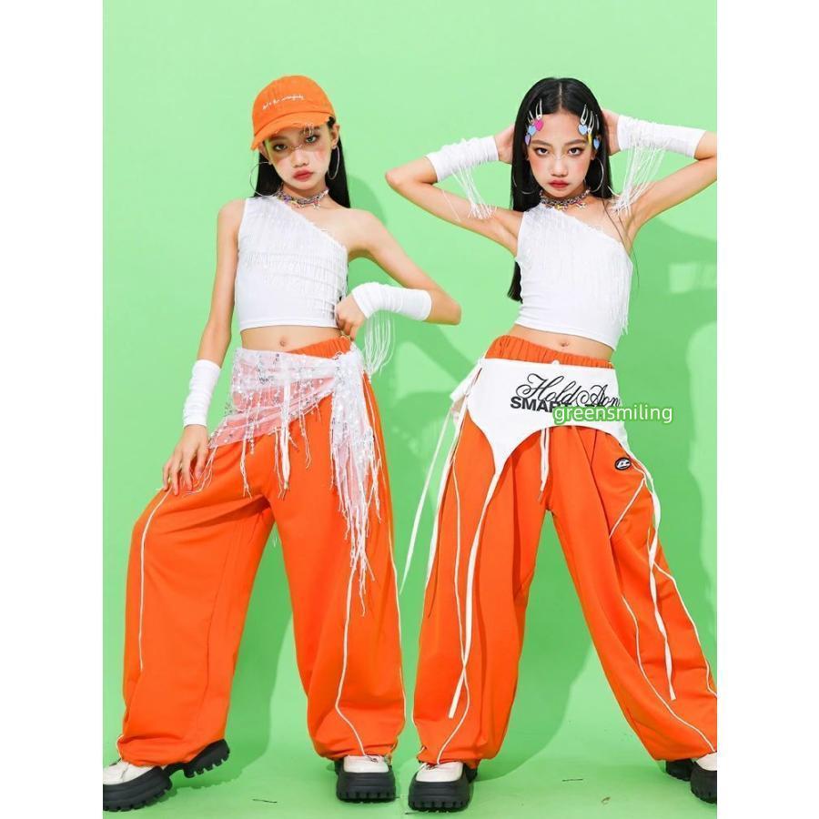 ベリーダンス セットアップ オレンジと緑　衣装 オレンジ キッズ ホワイト ダンス衣装 肩出し セットアップ ジャズ