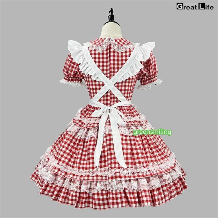 メイド服 チェック柄 裾フリル 萌え Lolita 赤 白 ワンピース レース