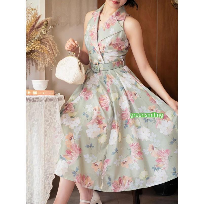 ロリータ ワンピース ジャンパースカート 夏 襟付き レトロ風 フランス風 水玉柄 花柄 新聞柄 ミモレ丈 ジャンスカ グリーン グリーン ホワイト  S M L XL ２XLの画像
