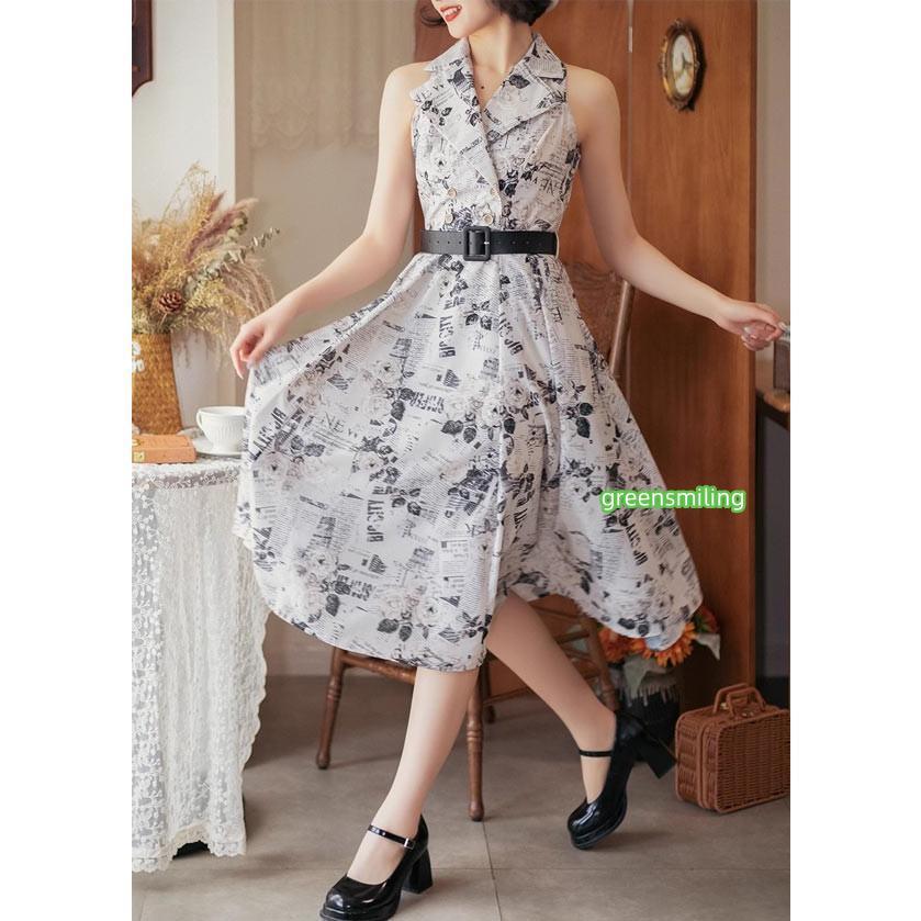ロリータ ワンピース ジャンパースカート 夏 襟付き レトロ風 フランス風 水玉柄 花柄 新聞柄 ミモレ丈 ジャンスカ グリーン グリーン ホワイト  S M L XL ２XLの画像