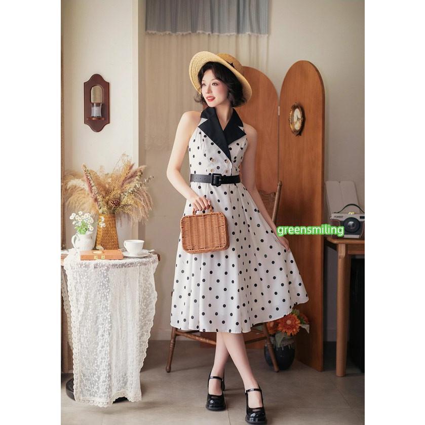 ロリータ ワンピース ジャンパースカート 夏 襟付き レトロ風 フランス風 水玉柄 花柄 新聞柄 ミモレ丈 ジャンスカ グリーン グリーン ホワイト  S M L XL ２XLの画像