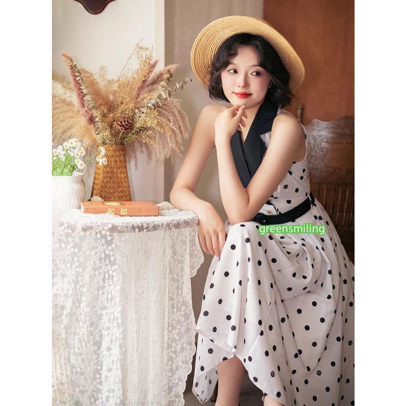 ロリータ ワンピース ジャンパースカート 夏 襟付き レトロ風 フランス風 水玉柄 花柄 新聞柄 ミモレ丈 ジャンスカ グリーン グリーン ホワイト  S M L XL ２XLの画像