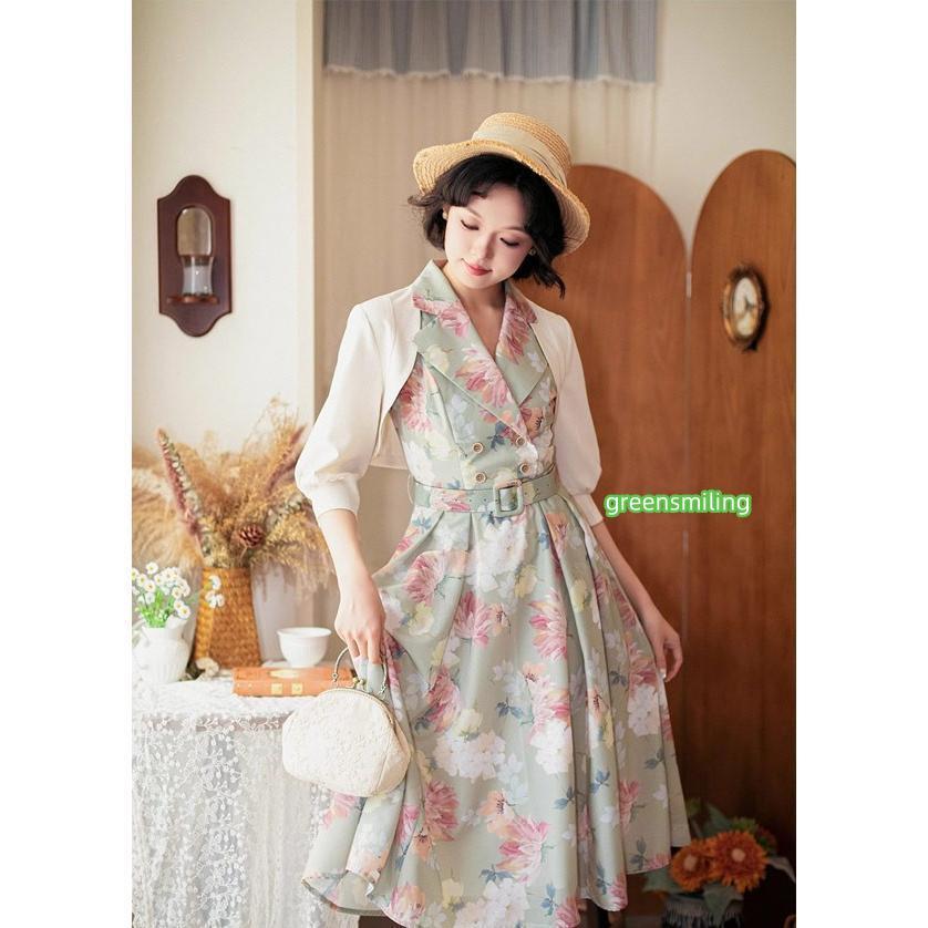 ロリータ ワンピース ジャンパースカート 夏 襟付き レトロ風 フランス風 水玉柄 花柄 新聞柄 ミモレ丈 ジャンスカ グリーン グリーン ホワイト  S M L XL ２XLの画像