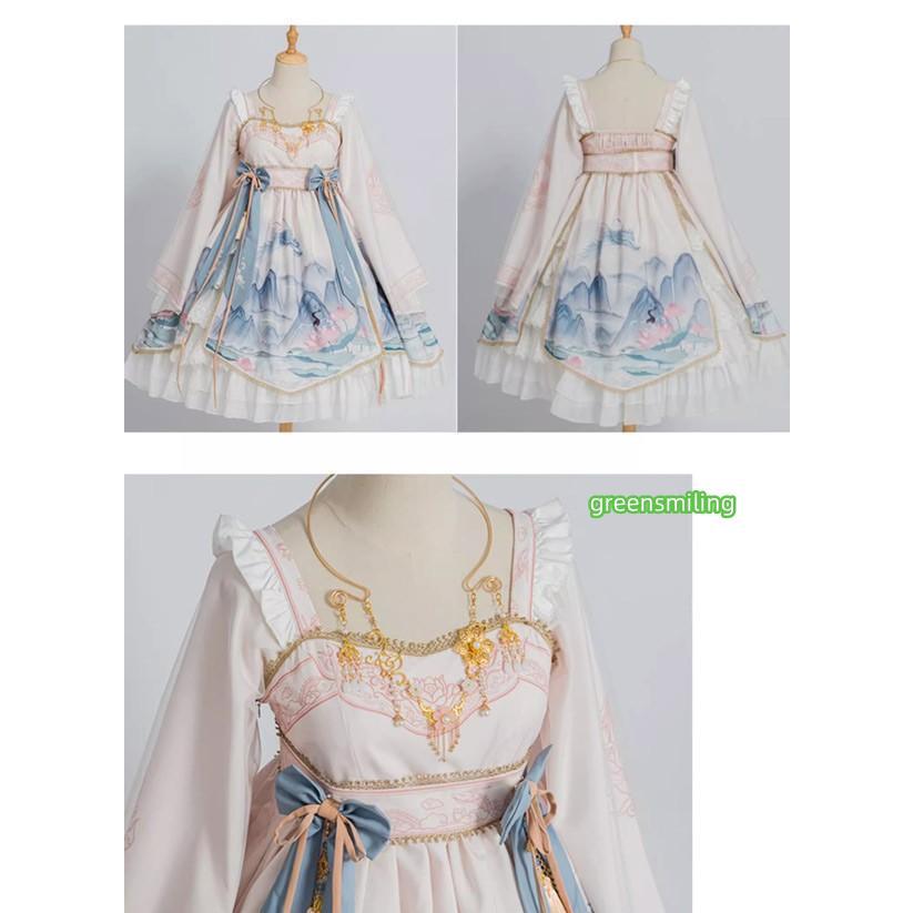 ワンピース ロリータワンピース リボン ハイウエスト 膝丈 レディース ゴスロリ 中華風 Aライン ロリィタファッション フリル ブルー ブラック S M L XL 2XLの画像