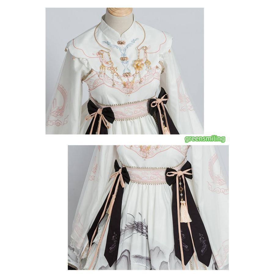 ワンピース ロリータワンピース リボン ハイウエスト 膝丈 レディース ゴスロリ 中華風 Aライン ロリィタファッション フリル ブルー ブラック S M L XL 2XLの画像