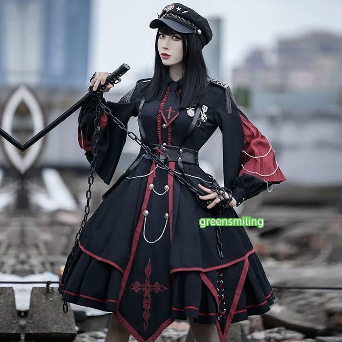 M サイズ 赤黒ゴシックロリータ上下セット おぷんリンク ミニロリ 軍服ロリータ フルセット ミリタリーロリィタ ブラック 黒 膝