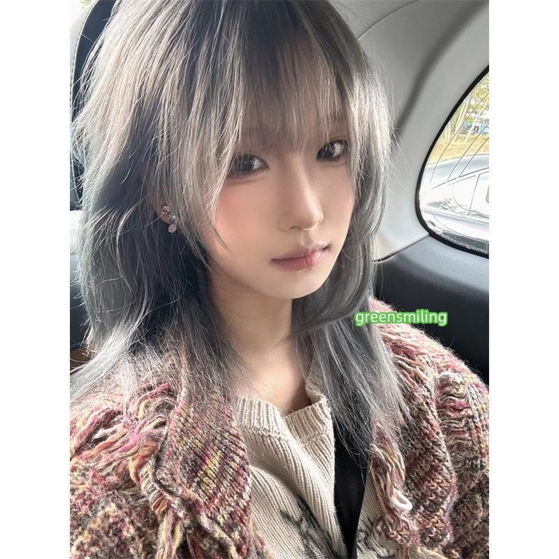 ウィッグ ミディアムへア ストレート グレー 前髪あり 前髪ぱっつん フルウィッグ 可愛い コスレ ロリータ ゴスロリ 原宿 レディース コスチューム 仮装の画像