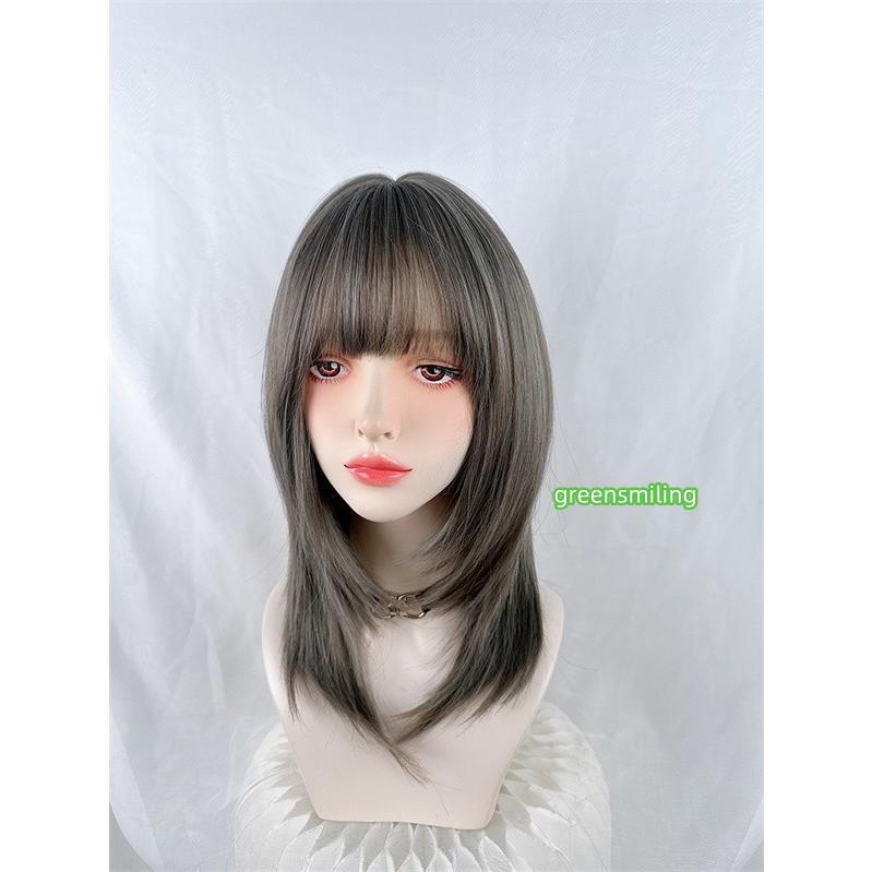 ウィッグ ミディアムへア ストレート グレー 前髪あり 前髪ぱっつん フルウィッグ 可愛い コスレ ロリータ ゴスロリ 原宿 レディース コスチューム 仮装の画像