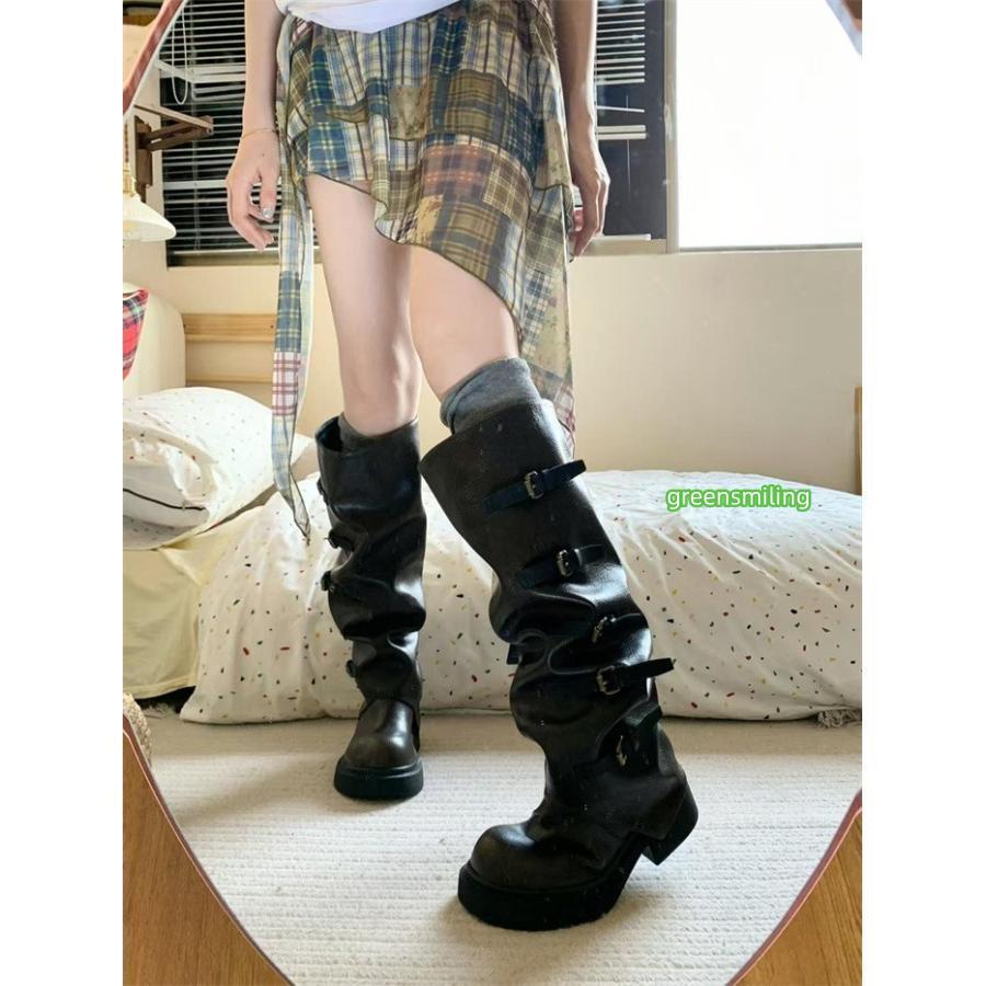 厚底 ブーツ レディース ロングブーツ くしゅくしゅ ミドル丈 ベルト