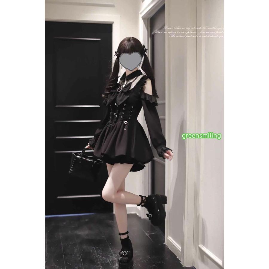 地雷系 ワンピース セットアップ 量産型 レース オープンショルダー ロリータ 着痩せ 長袖 レディース 女子 リボン ショート丈 ミニ  ブラック 黒 S Lの画像