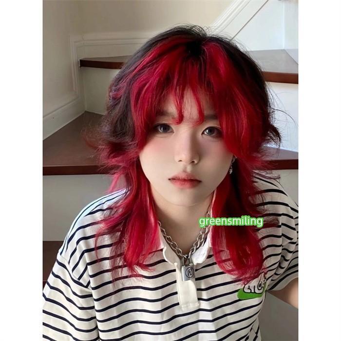 ウィッグ メンズ レディース ウルフカット レッド ブラック ツートンカラー 韓国風 フルウィッグ 原宿系 地雷系 モード系 耐熱 かつらブラックレッドの画像