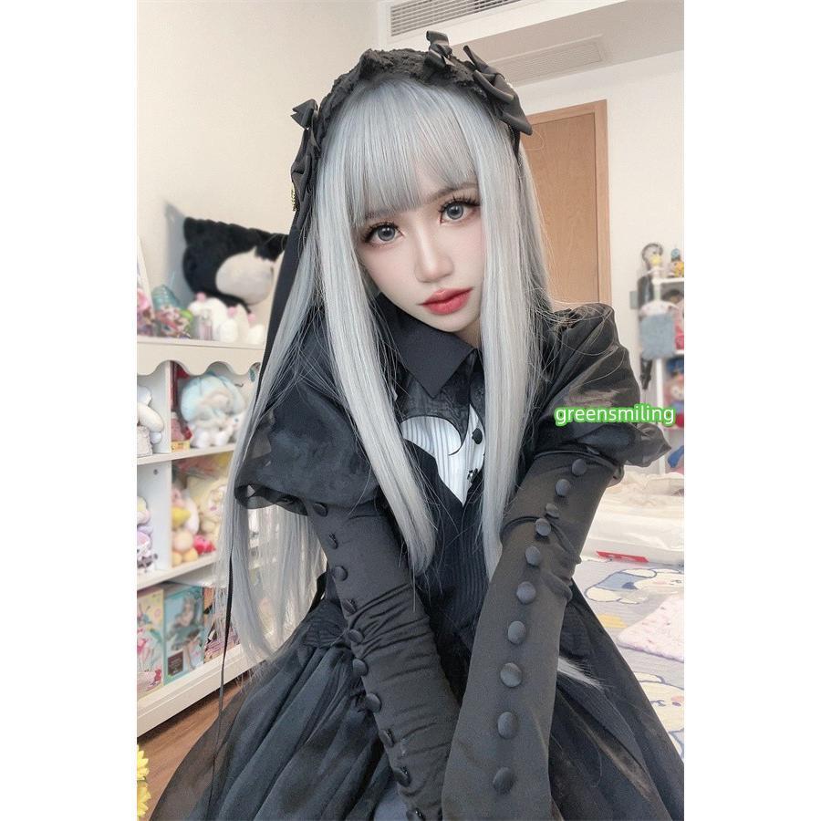 ウィッグ ロング ストレート グレー 前髪あり 前髪ぱっつん フルウィッグ ロングウィッグ 可愛い ロリータ ゴスロリ 原宿 レディース コスチューム 仮装 大人の画像