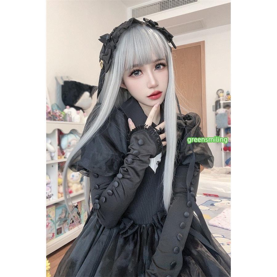 ウィッグ ロング ストレート グレー 前髪あり 前髪ぱっつん フルウィッグ ロングウィッグ 可愛い ロリータ ゴスロリ 原宿 レディース コスチューム 仮装 大人の画像
