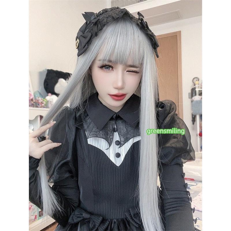 ウィッグ ロング ストレート グレー 前髪あり 前髪ぱっつん フルウィッグ ロングウィッグ 可愛い ロリータ ゴスロリ 原宿 レディース コスチューム 仮装 大人の画像