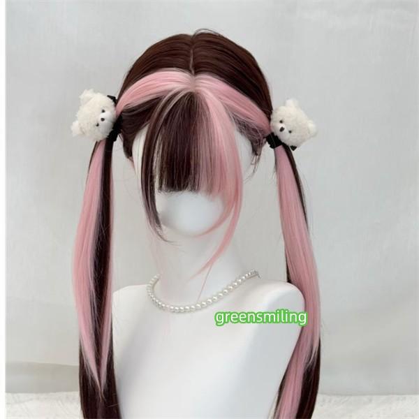 ウィッグ レディース ロングストレート ピンクハイライト 前髪あり フルウィッグ フルウィッグ 自然 可愛い 耐熱 簡単アレンジ コスプレ ピンク ブラウンの画像