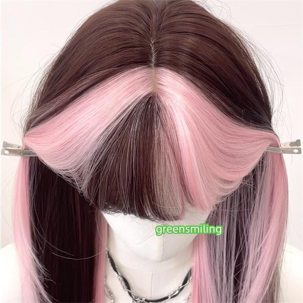 ウィッグ レディース ロングストレート ピンクハイライト 前髪あり フルウィッグ フルウィッグ 自然 可愛い 耐熱 簡単アレンジ コスプレ ピンク ブラウンの画像