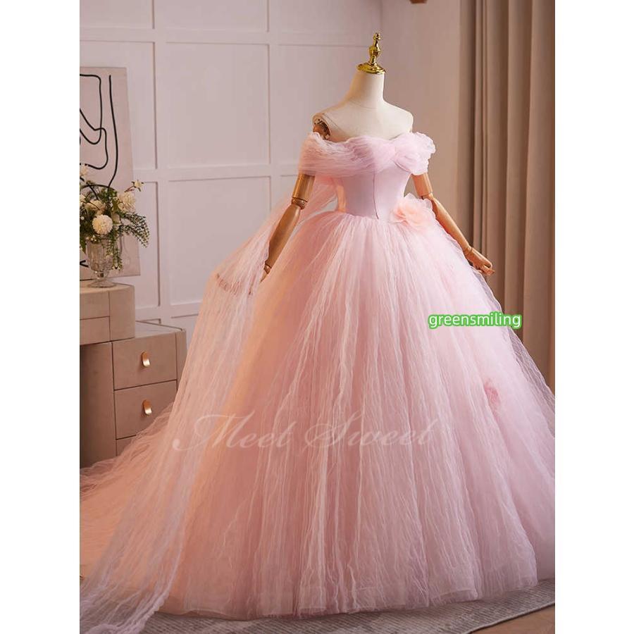 カラードレス ピンク チュール オフショルダー 演奏会 発表会 二次会