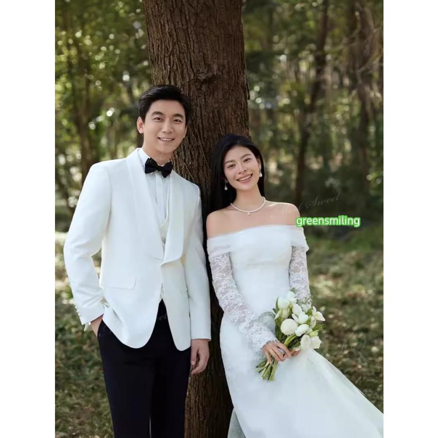 ウェディングドレス オフショルダー 長袖 総レース マーメイド サテン