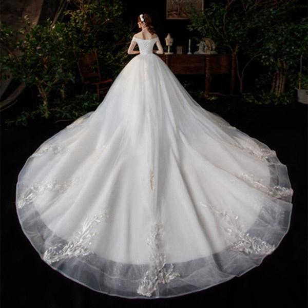 花嫁 ウェディングドレス 袖あり オフショルダー Aライン 白ドレス ワンピース プリンセス 結婚式 二次会 披露宴 前撮り 撮影用 優雅の画像