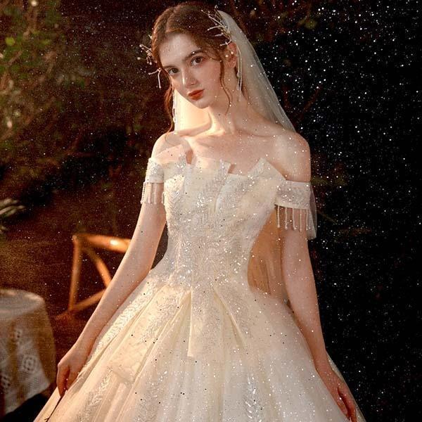 花嫁 ウェディングドレス 袖あり オフショルダー Aライン 白ドレス ワンピース プリンセス 結婚式 二次会 披露宴 前撮り 撮影用 優雅の画像