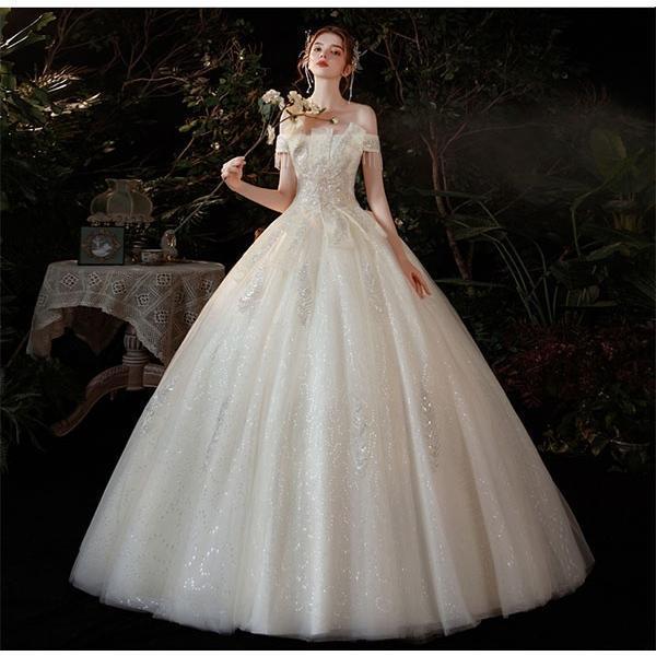 花嫁 ウェディングドレス 袖あり オフショルダー Aライン 白ドレス ワンピース プリンセス 結婚式 二次会 披露宴 前撮り 撮影用 優雅の画像