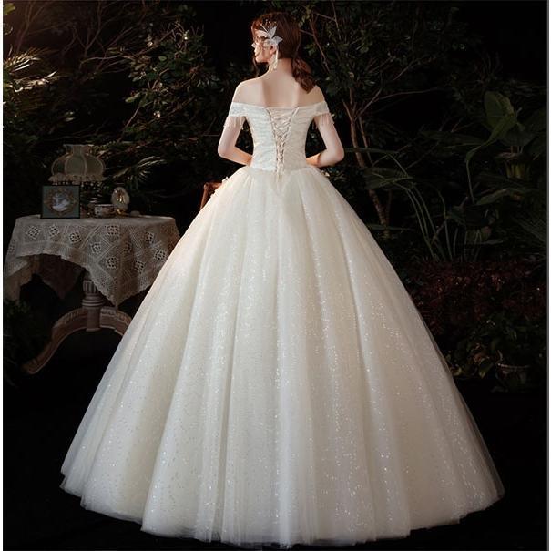 花嫁 ウェディングドレス 袖あり オフショルダー Aライン 白ドレス ワンピース プリンセス 結婚式 二次会 披露宴 前撮り 撮影用 優雅の画像