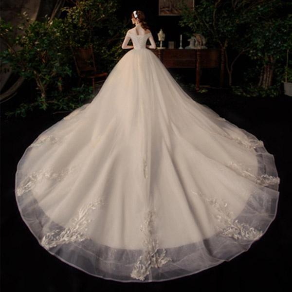 花嫁 ウェディングドレス 袖あり オフショルダー Aライン 白ドレス ワンピース プリンセス 結婚式 二次会 披露宴 前撮り 撮影用 優雅の画像