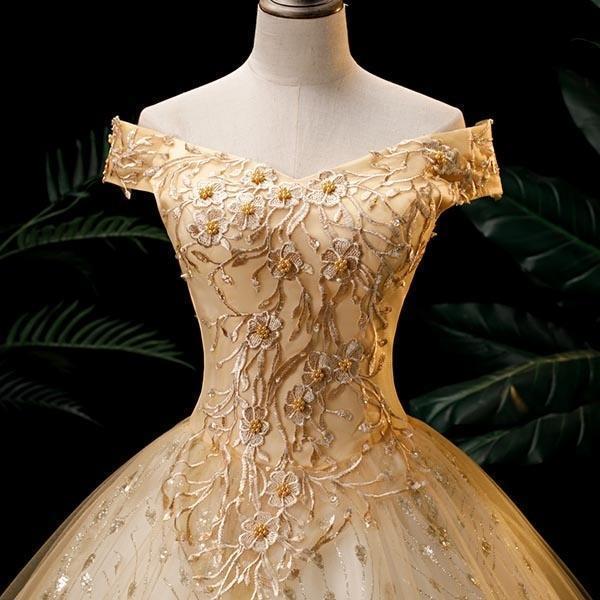 カラードレス ロング オフショルダー オフショルドレス 編み上げ 袖あり パーティー刺繍 金色 フォト婚 お色直しゴージャスの画像
