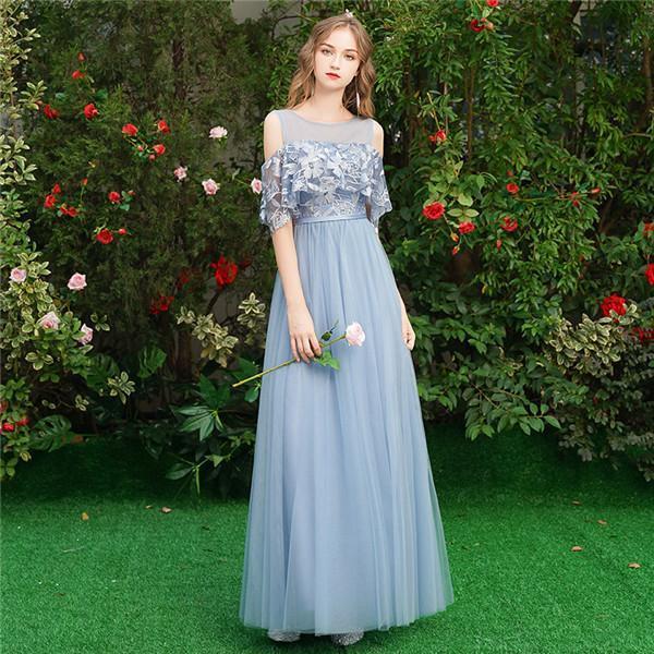 ブライズメイド ドレス ロングドレス 4タイプ スピーカースリーブ 編み上げタイプ ブルー パーティードレス 結婚式 演奏会 ピアノ 発表会 お呼ばれドレス | ブランド登録なし | 07