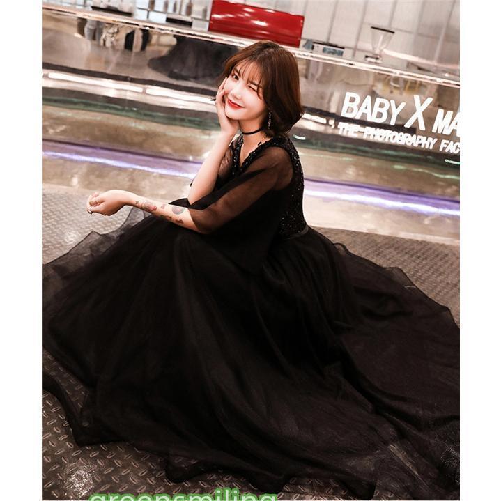 黒ドレス ピアノ 発表会 小さいサイズ 大きいサイズ ロングドレス お呼ばれ レース 二次会 ドレス 演奏会 パーティー 袖あり 演奏会用ドレスの画像