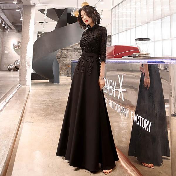 ドレス 大人 ピアノ 発表会 ロングドレス 黒 演奏会 結婚式 母親 ピアノ発表会 ミモレ丈 ロング ワンピース ブラックda205n1n1w9の画像