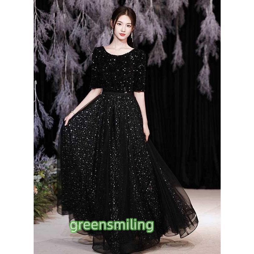 ドレス ロングドレス 演奏会 5分袖 袖あり キラキラ ラウンドネック