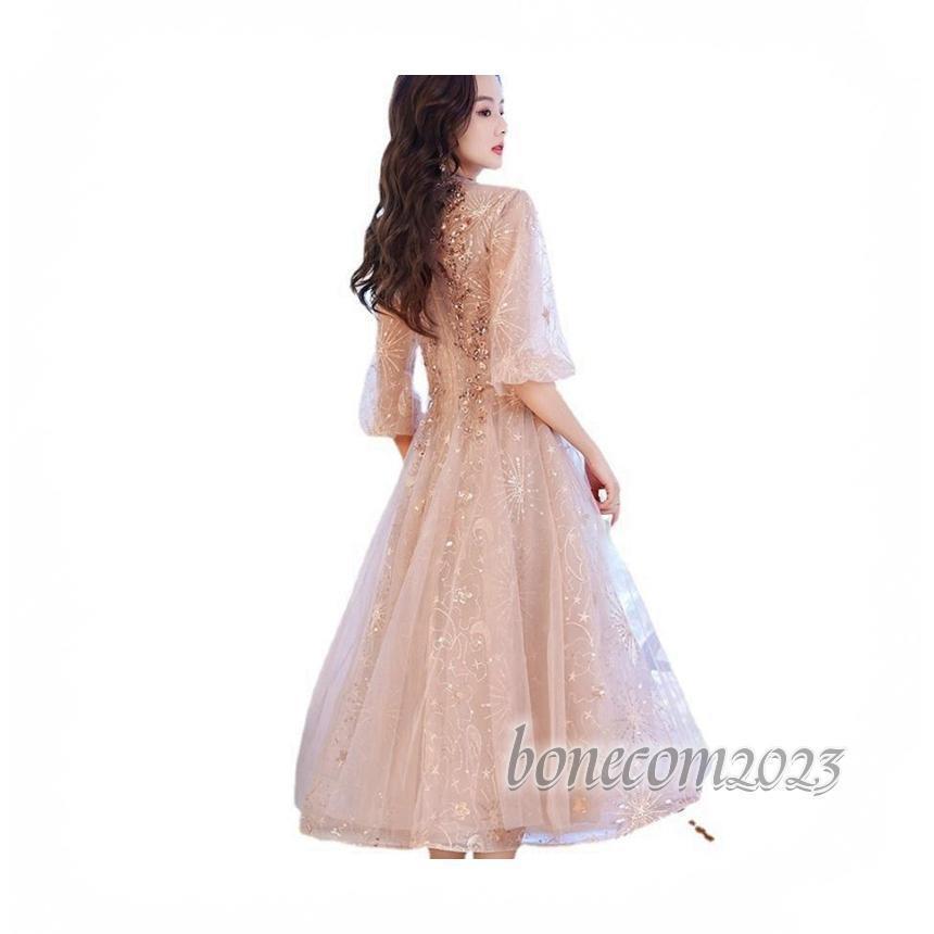 パーティードレス ワンピース 可愛いビーズ 結婚式 成人式 エレガント