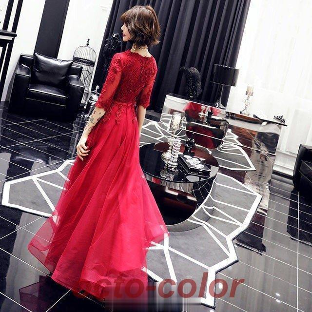 イブニングドレス ワイン赤 パーティードレス 袖あり 7分袖 Aライン