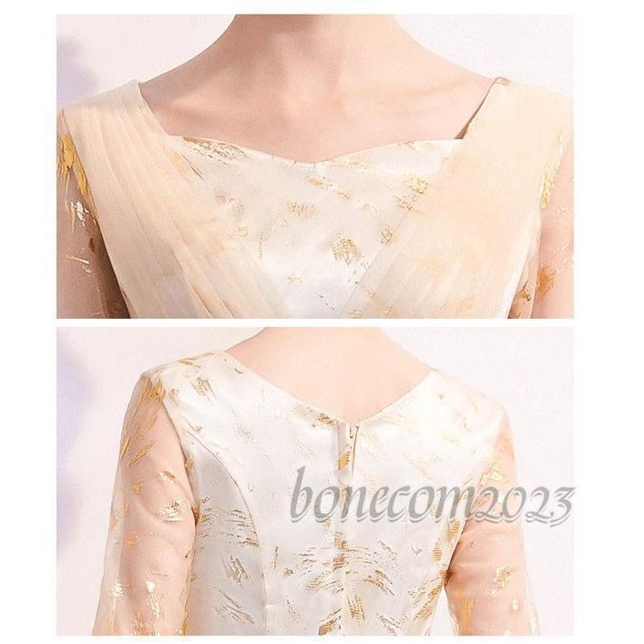 パーティードレス ロングドレス 演奏会 袖あり ドレス ラウンドネック