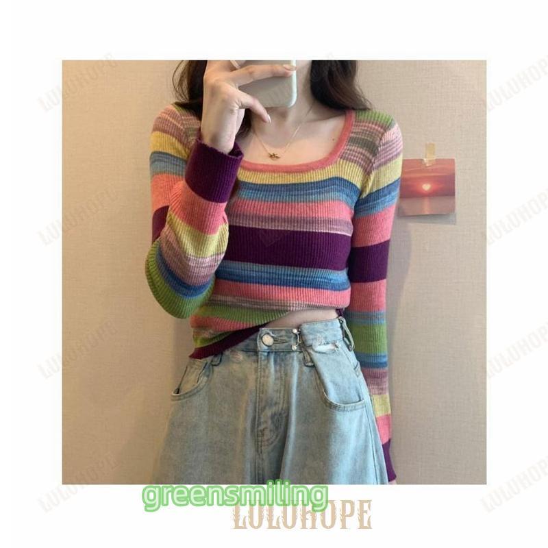 レインボーカラー リブニット レディース 虹色 ボーダー ニット