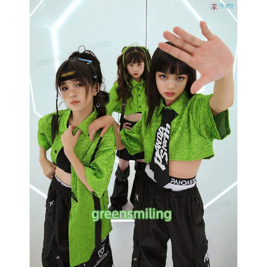 キッズ ダンス衣装 セットアップ へそ出し トップス 女の子 緑シャツ