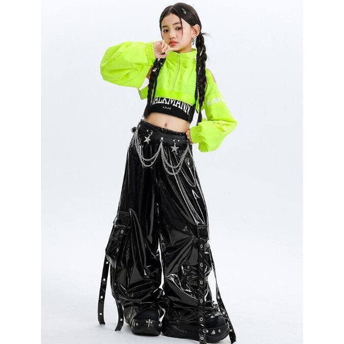 キッズ ダンス衣装 セットアップ へそ出し トップス 女の子 緑シャツ
