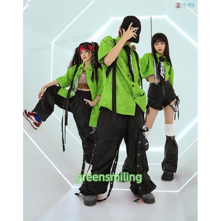 キッズ ダンス衣装 セットアップ へそ出し トップス 女の子 緑シャツ