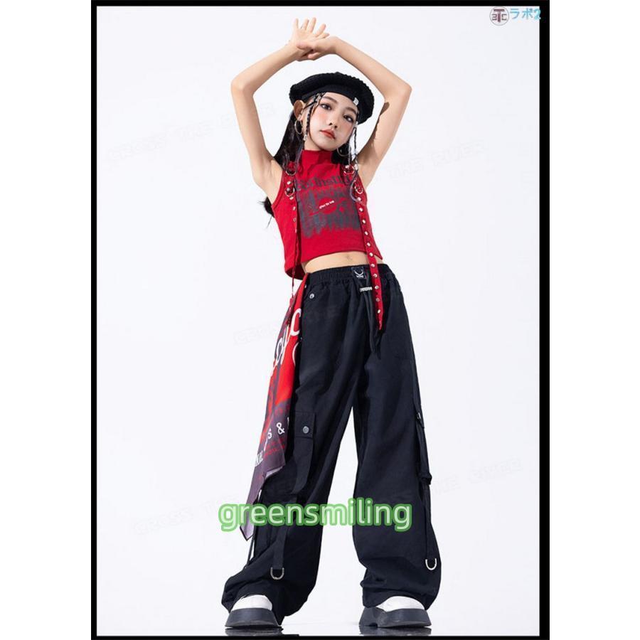 カーゴパンツ 赤 黒 キッズダンス衣装 セットアップ ヒップホップ へそ