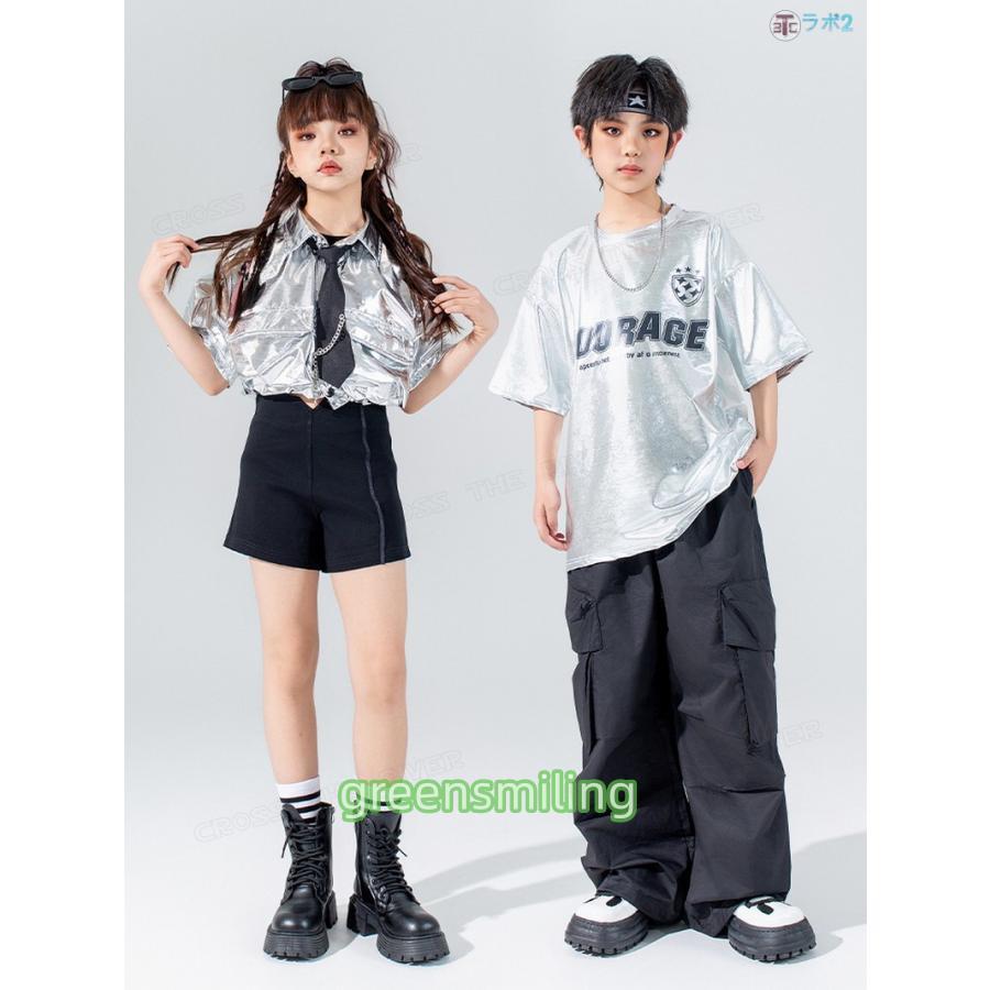 シルバー メタリック ダンストップス ダンス衣装 キッズ セットアップ