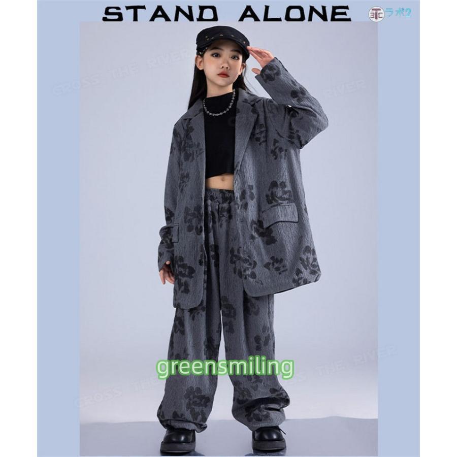 パンツスーツ グレー 花柄 キッズダンス衣装 セットアップ ヒップホップ ピアノ発表会 ブレザー ロングパンツ k-pop 衣装 韓国 子供服 ダンス衣装 セットアップ | ブランド登録なし | 08