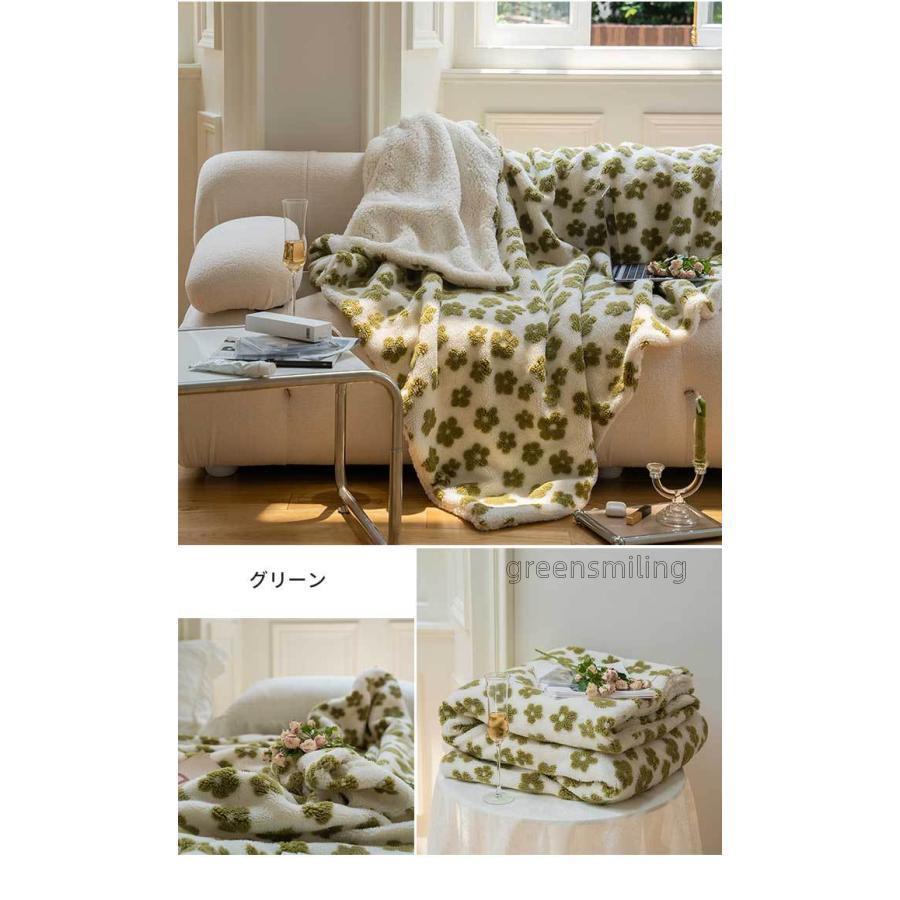 毛布 ブランケット 暖かい ひざ掛け かわいい 花柄 シープボア : Green